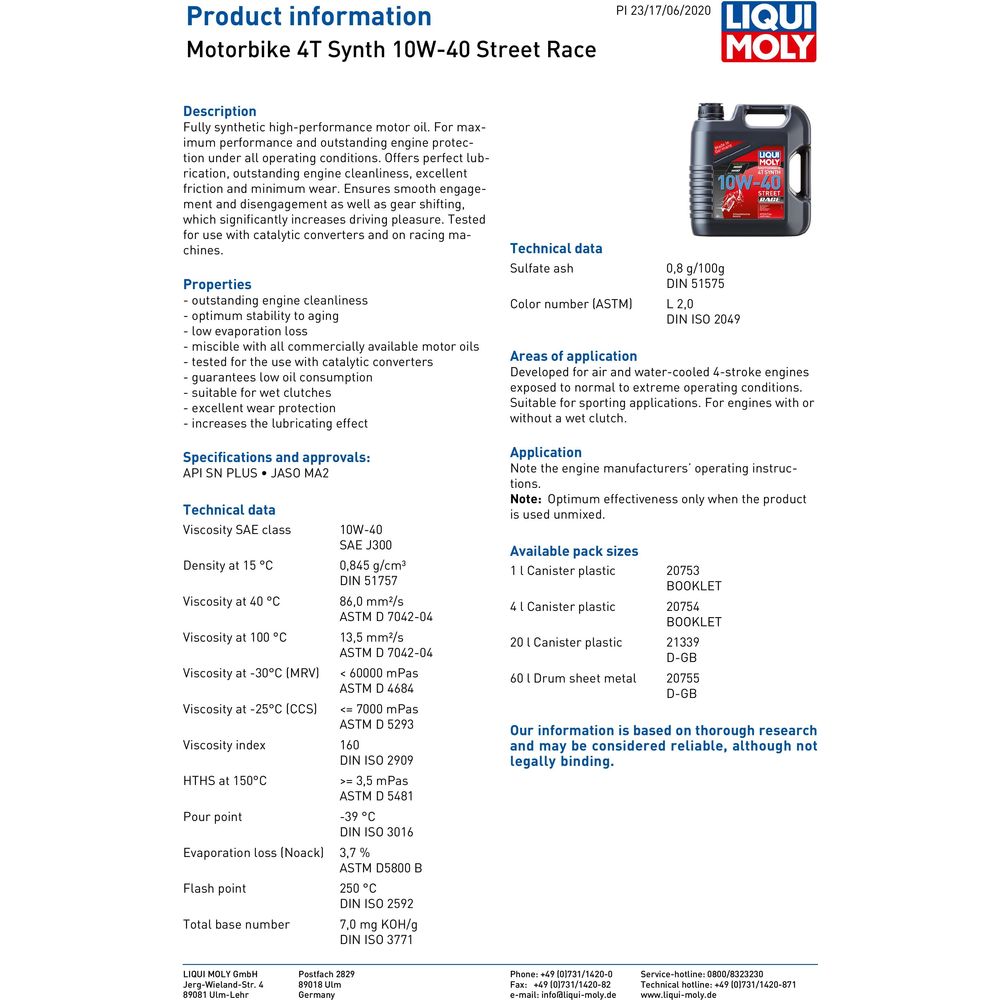 Liqui Moly 4 Stroke Fully Synthetic Street Race 10W-40 Motoroil (Image 2) - ThrottleChimp