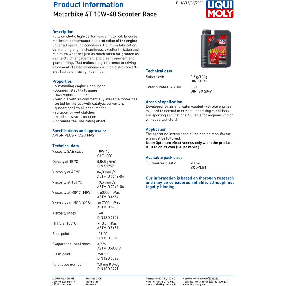 Liqui Moly 4 Stroke Fully Synthetic Scooter Race Oil 10W-40 #API-SN JASO-MA2 (Image 2) - ThrottleChimp