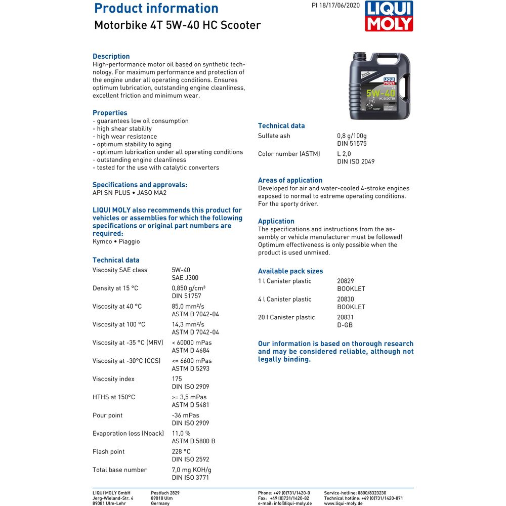 Liqui Moly 4 Stroke Semi Synthetic HC Scooter 5W-40 Oil #API-SN JASO-MA2 (Image 2) - ThrottleChimp