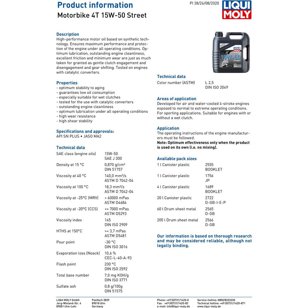 Liqui Moly 4 Stroke Semi Synthetic Street 15W-50 Oil (Image 2) - ThrottleChimp