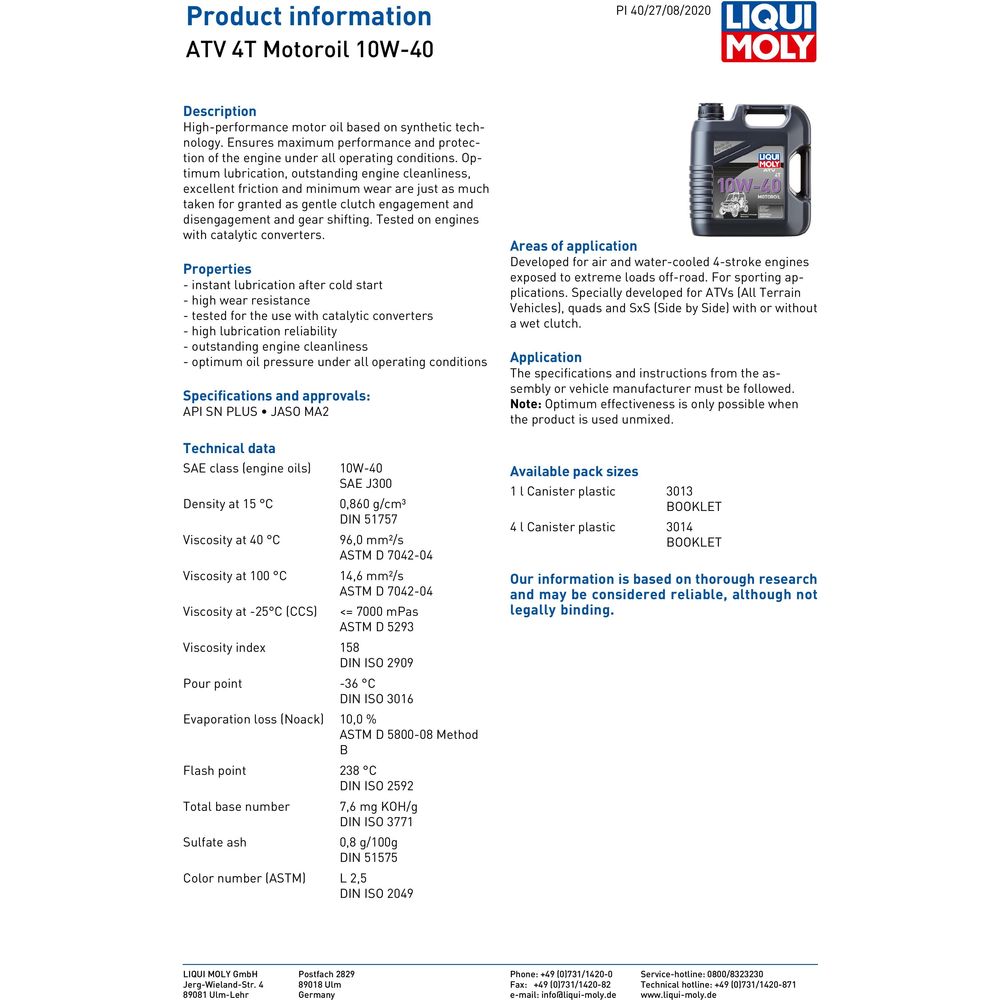 Liqui Moly 4 Stroke Semi Synthetic ATV SxS 10W-40 Oil (Image 2) - ThrottleChimp