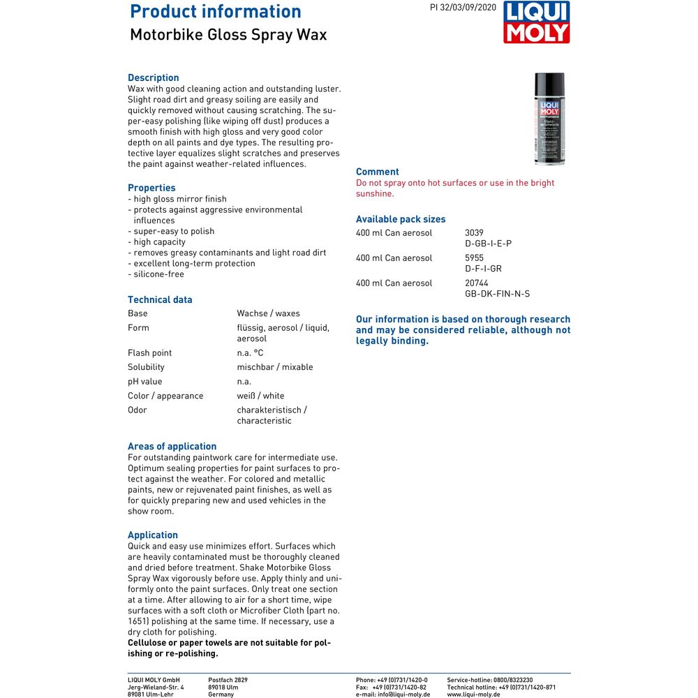 Liqui Moly Gloss Spray Wax 3039 (Image 2) - ThrottleChimp