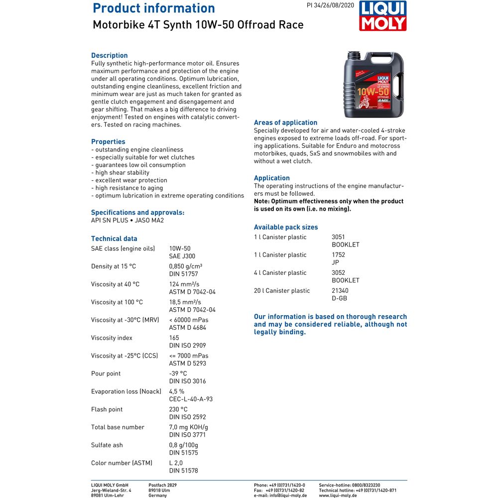 Liqui Moly 4 Stroke Fully Synthetic Offroad Race 10W-50 Oil (Image 2) - ThrottleChimp