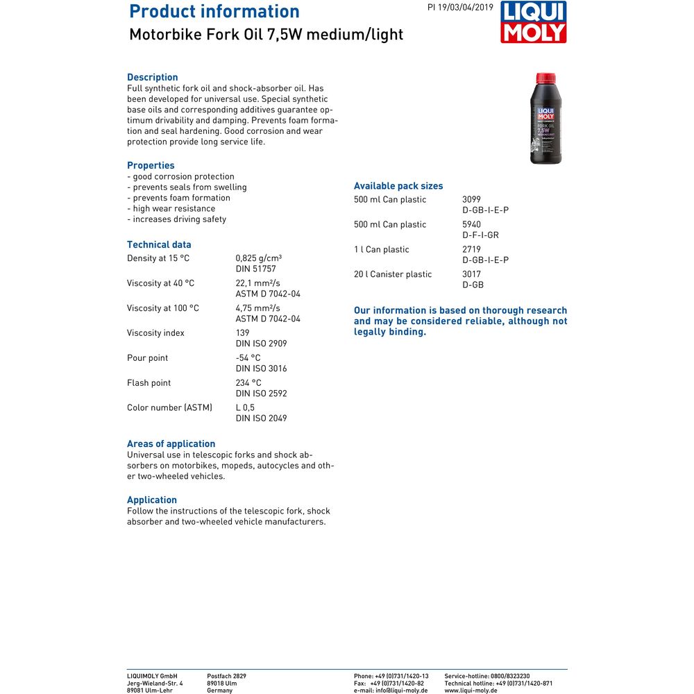 Liqui Moly 7.5W Medium / Light Fork Oil - 3017 (Image 2) - ThrottleChimp