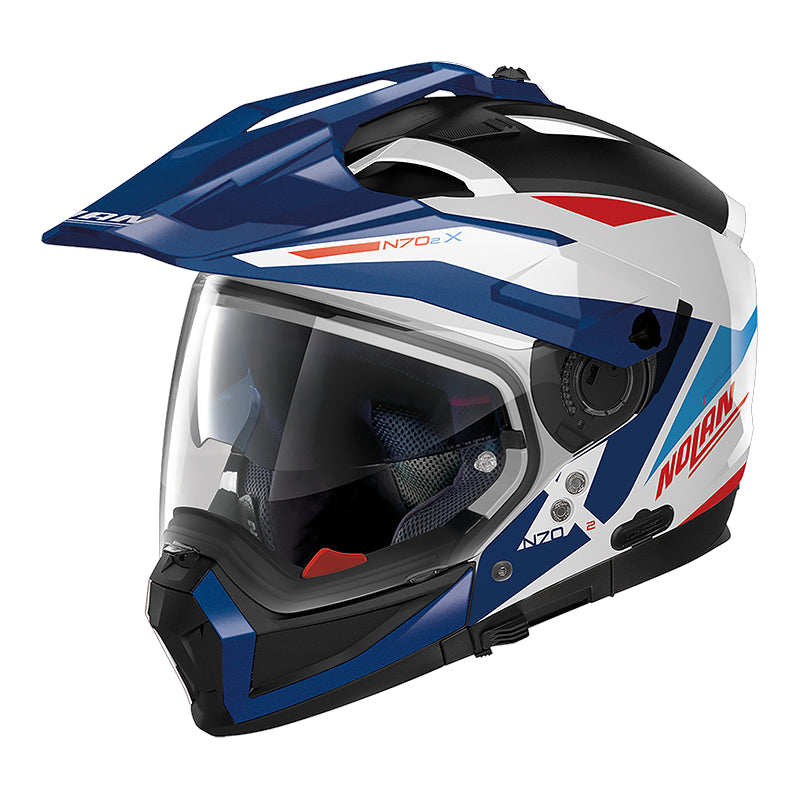 Nolan N70-2 X 06 Stunner N-Com Adventure Helmet Metal White / Blue / Red FREE 1 YEAR Returns, FREE UK Delivery | ThrottleChimp