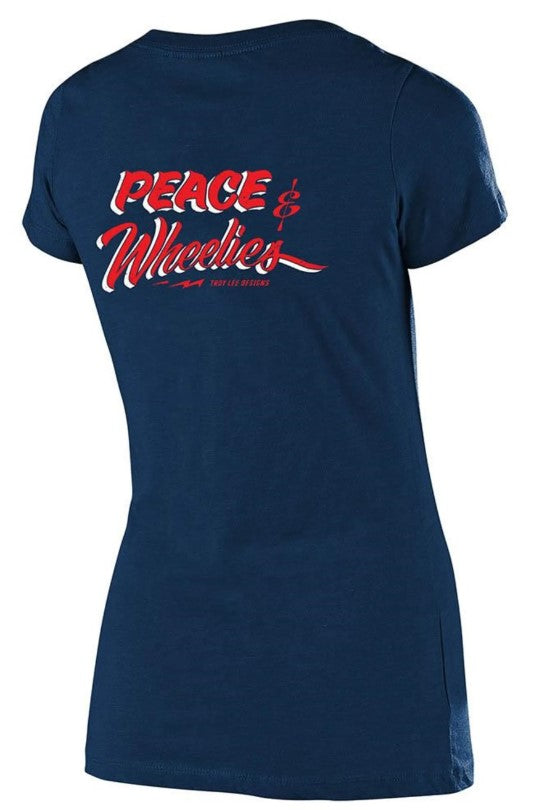 Troy Lee Designs Peace And Wheelies Ladies T-Shirt Heather Navy FREE 1 YEAR Returns, FREE UK Delivery | ThrottleChimp