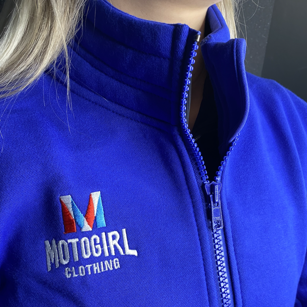 MotoGirl M-Patch Ladies Sweatshirt Blue FREE 1 YEAR Returns, FREE UK Delivery | ThrottleChimp