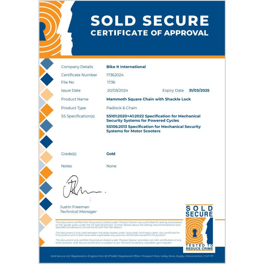 Mammoth Security Sold Secure Gold Approved 12mm X 1.2 M Square Chain With Shackle Lock (Image 5) - ThrottleChimp