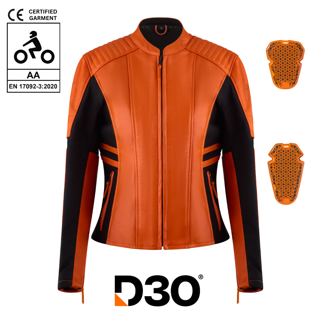 MotoGirl Amelia Ladies Leather Jacket Orange FREE 1 YEAR Returns, FREE UK Delivery | ThrottleChimp