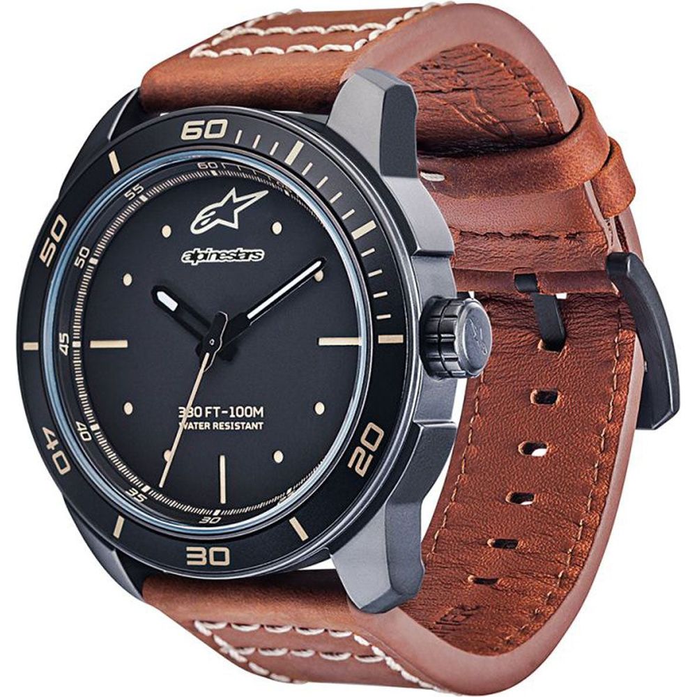 Alpinestars Tech 3H Leather Strap Brown Watch Matt Black / Black FREE 1 YEAR Returns, FREE UK Delivery | ThrottleChimp