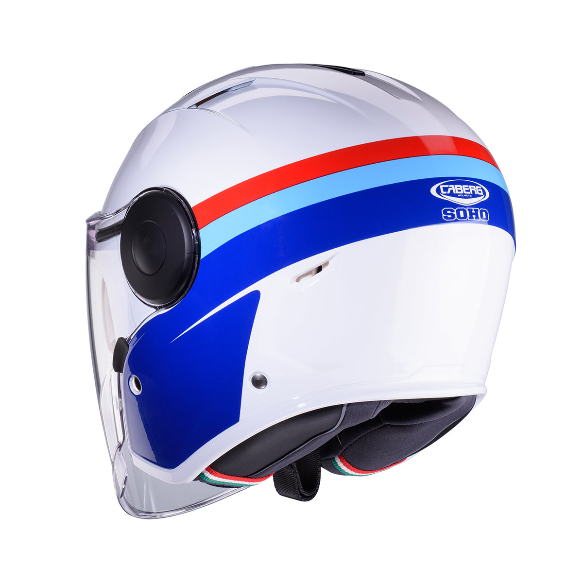 Caberg Soho Zephyr Open Face Helmet Matt White / Blue / Red FREE 1 YEAR Returns, FREE UK Delivery | ThrottleChimp