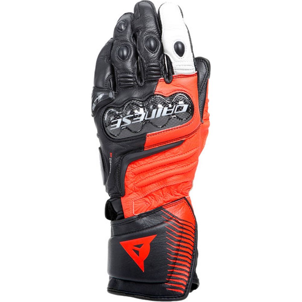 Dainese Carbon 4 Long Leather Gloves Black / Fluo Red / White FREE 1 YEAR Returns, FREE UK Delivery | ThrottleChimp