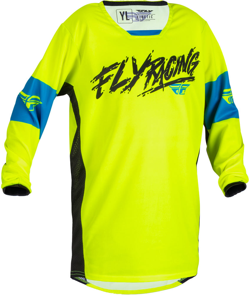 Fly Racing Kinetic Khaos Youth MX Jersey Black / Hi-Vis / Cyan FREE 1 YEAR Returns, FREE UK Delivery | ThrottleChimp