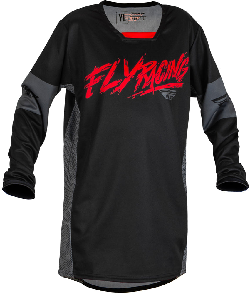 Fly Racing Kinetic Khaos Youth MX Jersey Black / Red / Grey  FREE 1 YEAR Returns, FREE UK Delivery | ThrottleChimp