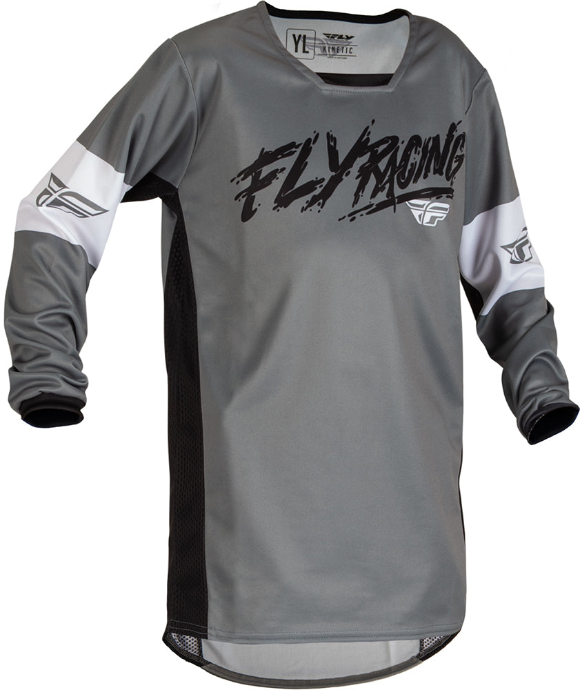 Fly Racing Kinetic Khaos Youth MX Jersey Grey / Black / White FREE 1 YEAR Returns, FREE UK Delivery | ThrottleChimp