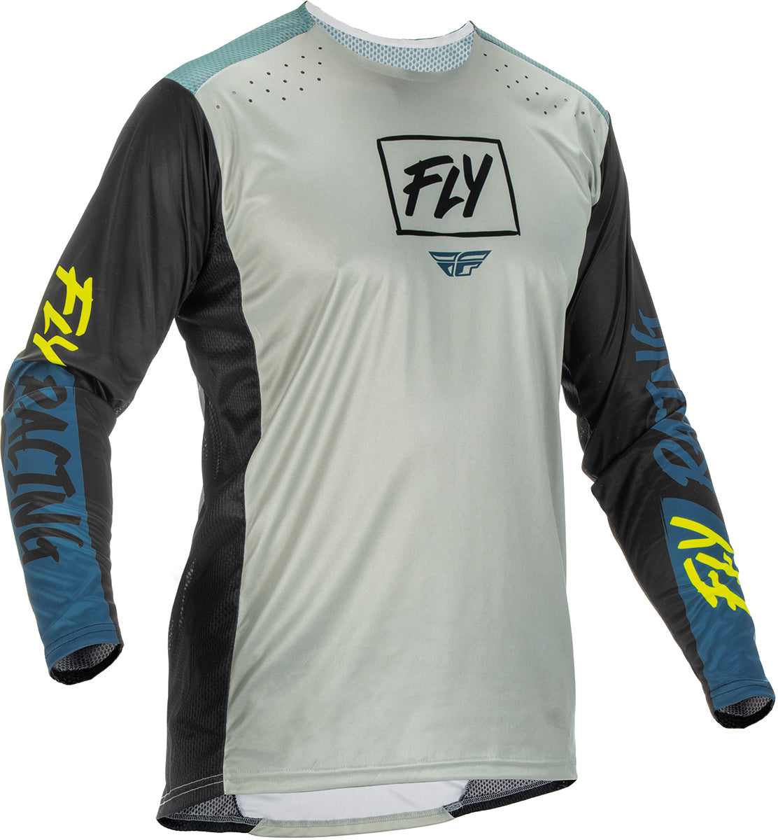 Fly Racing Lite MX Jersey Grey / Teal / Fluo Yellow FREE 1 YEAR Returns, FREE UK Delivery | ThrottleChimp