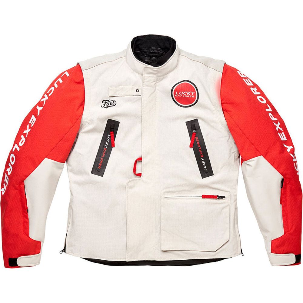 Fuel Endurage Textile Jacket Lucky Explorer White / Red FREE 1 YEAR Returns, FREE UK Delivery | ThrottleChimp