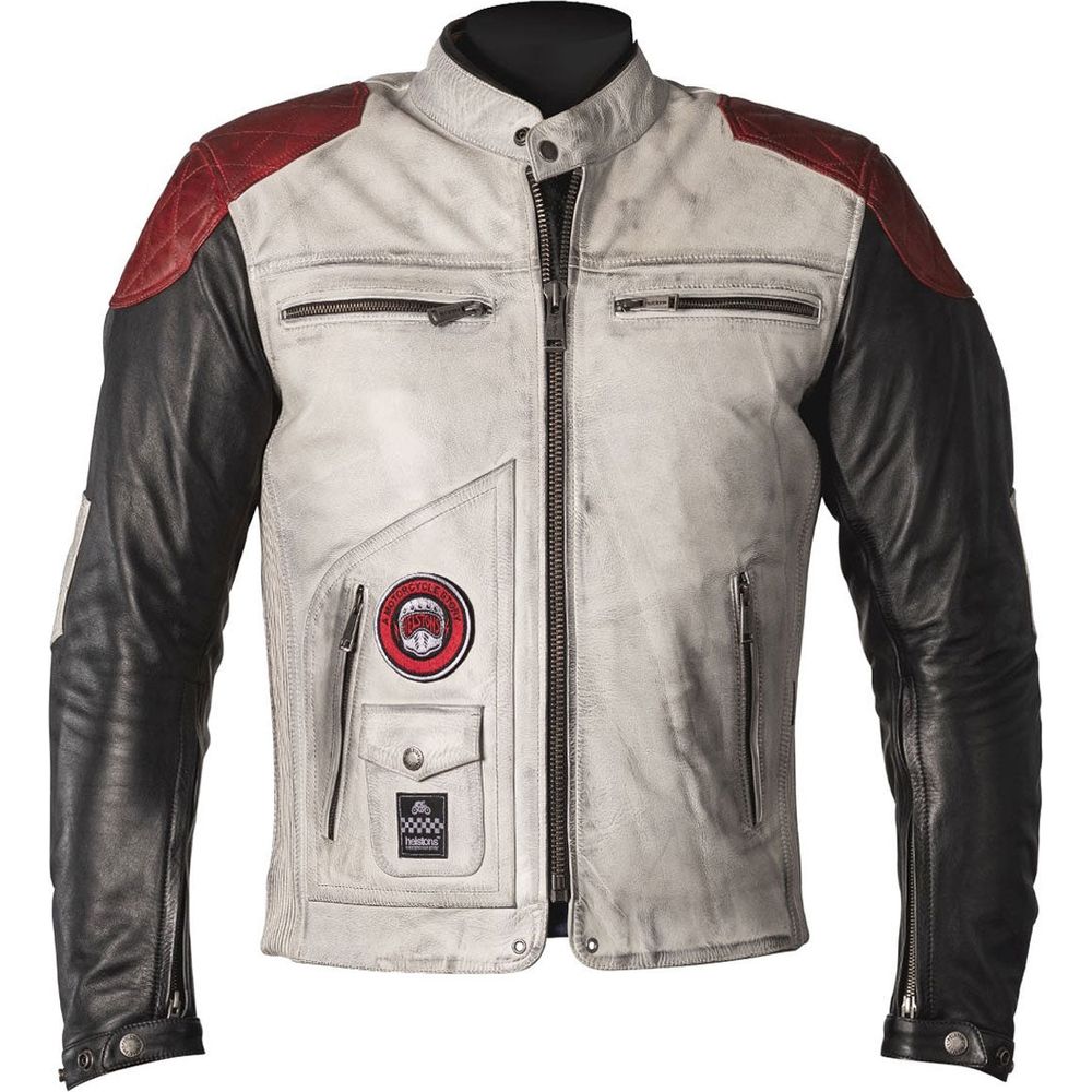 Helstons Tracker Rag Leather Jacket White / Black / Red - ThrottleChimp