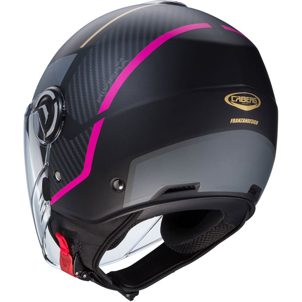 Caberg Riviera V4X Geo Open Face Helmet Matt Black / Fuchsia / Anthracite FREE 1 YEAR Returns, FREE UK Delivery | ThrottleChimp