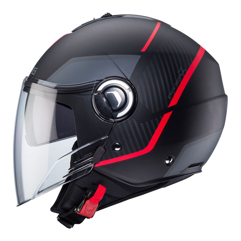 Caberg Riviera V4X Geo Open Face Helmet Matt Black / Red / Anthracite FREE 1 YEAR Returns, FREE UK Delivery | ThrottleChimp