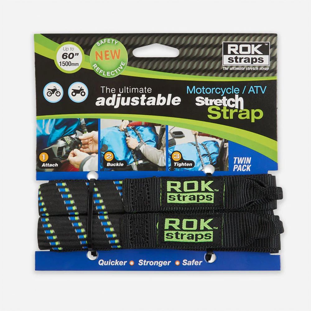 ROK Motorcycle Adjustable Stretch Strap Black / Blue / Green Reflective - Pack Of 2 - ThrottleChimp