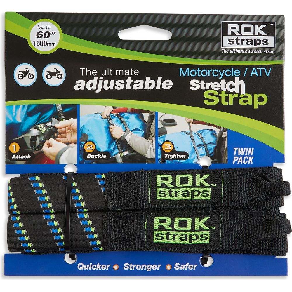 ROK Motorcycle Adjustable Stretch Strap Black / Blue / Green - Pack Of 2 - ThrottleChimp