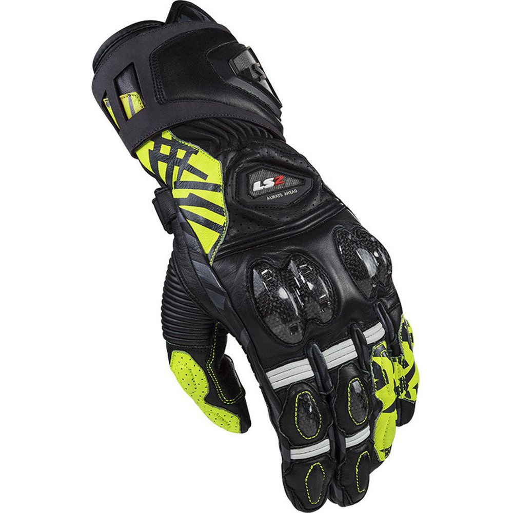 LS2 Feng Racing Leather Gloves Black / Hi-Viz Yellow - ThrottleChimp