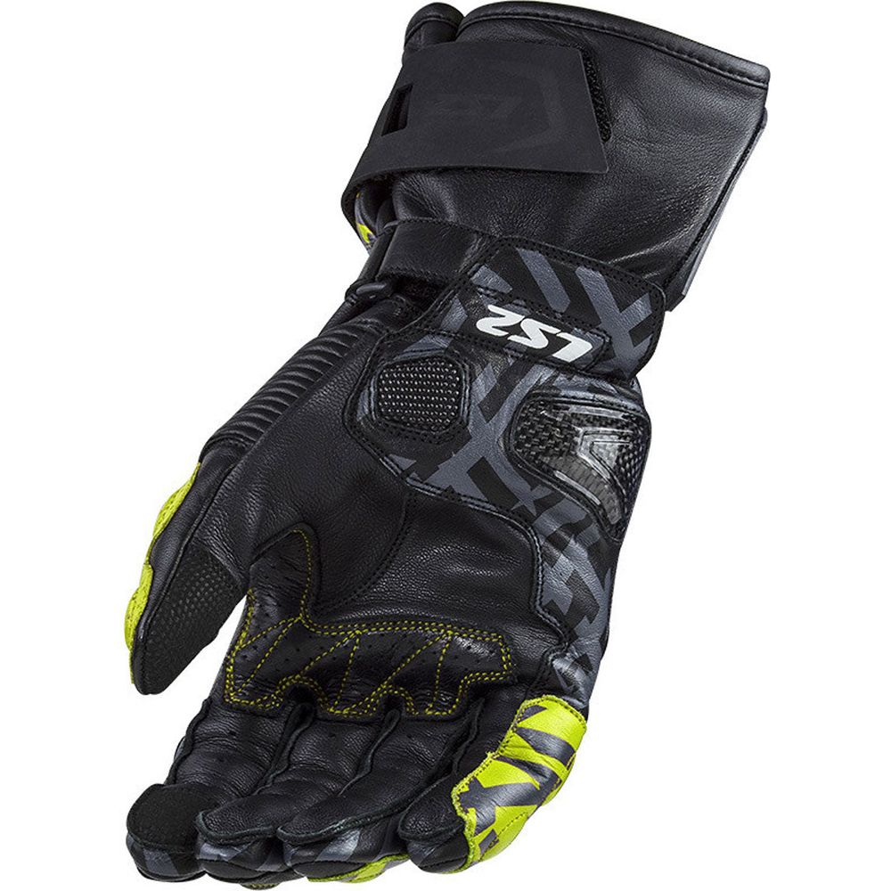 LS2 Feng Racing Leather Gloves Black / Hi-Viz Yellow (Image 2) - ThrottleChimp