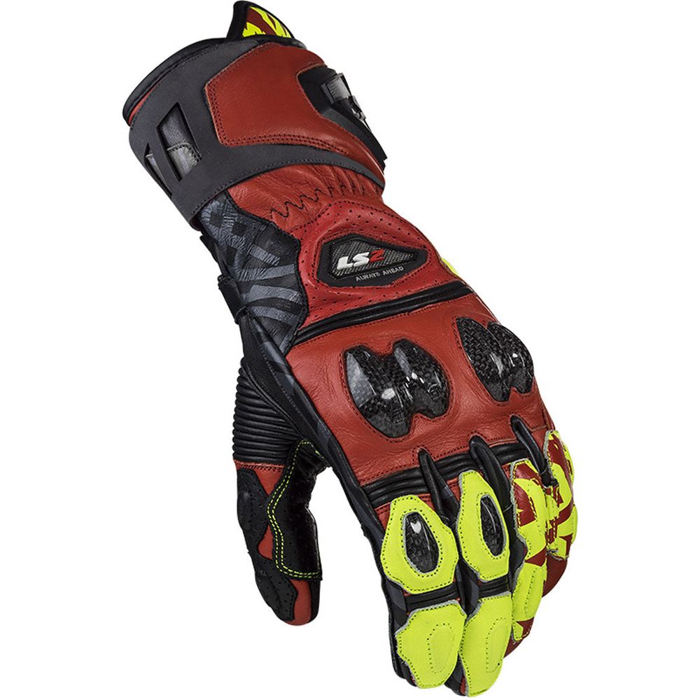 LS2 Feng Racing Leather Gloves Red / Hi-Viz Yellow - ThrottleChimp