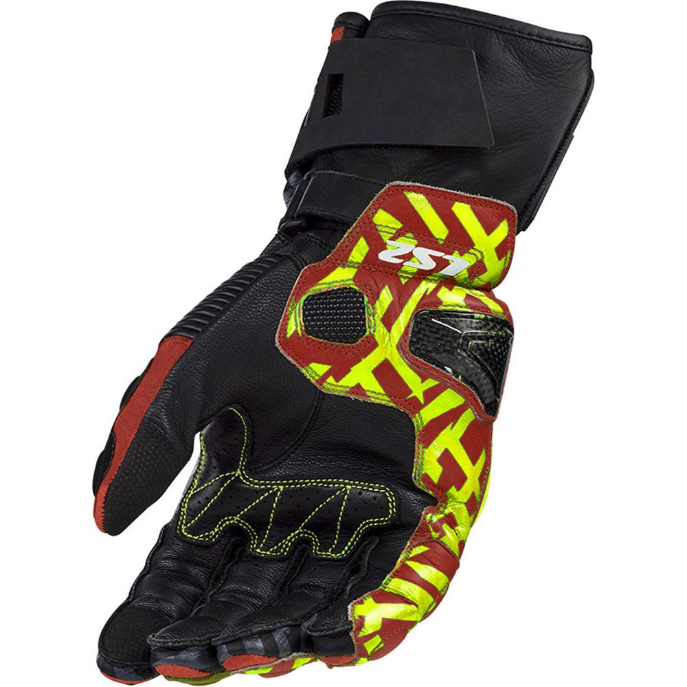 LS2 Feng Racing Leather Gloves Red / Hi-Viz Yellow (Image 2) - ThrottleChimp