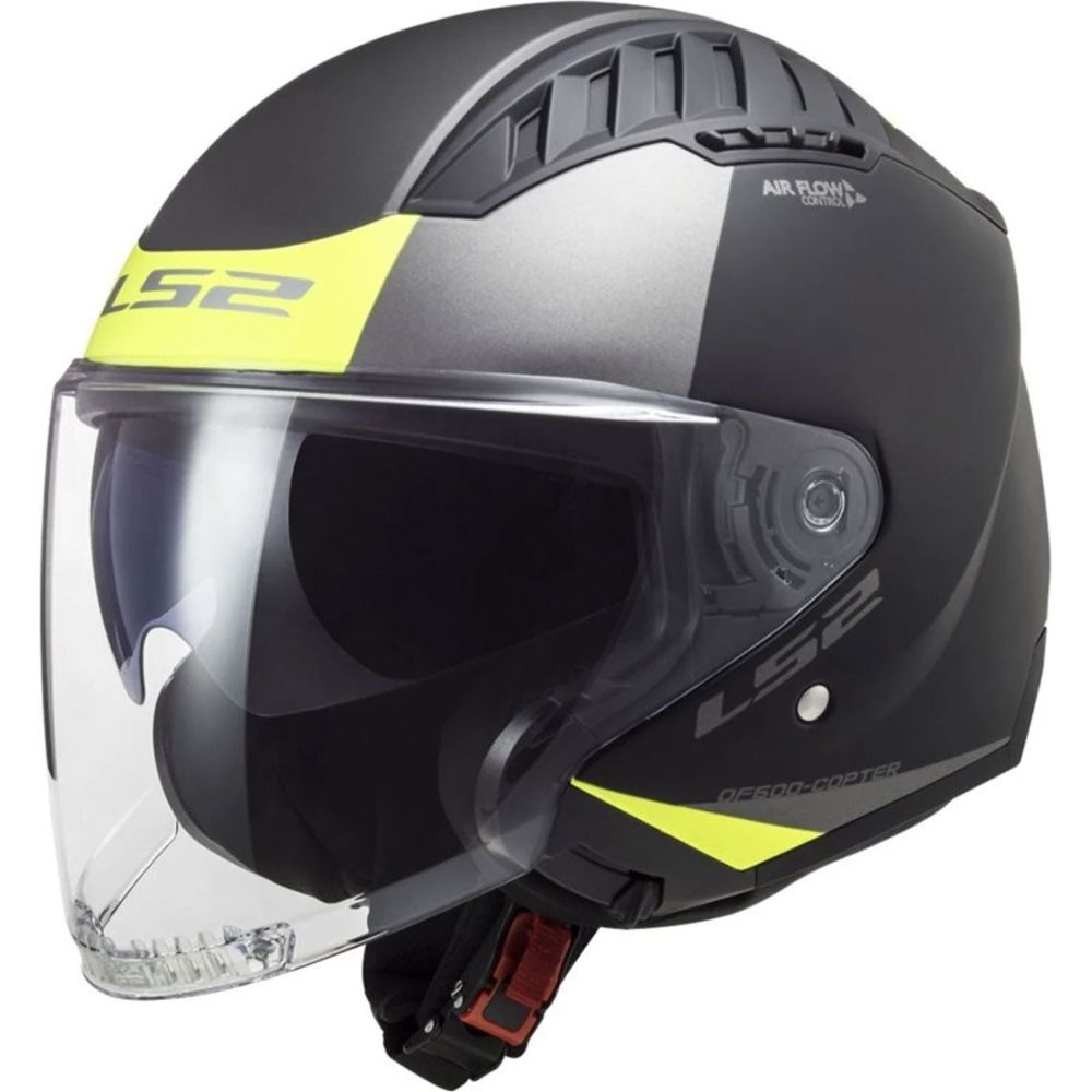 LS2 OF600 Copter Urbane Open Face Helmet Matt Black / Hi-Viz Yellow (Image 2) - ThrottleChimp