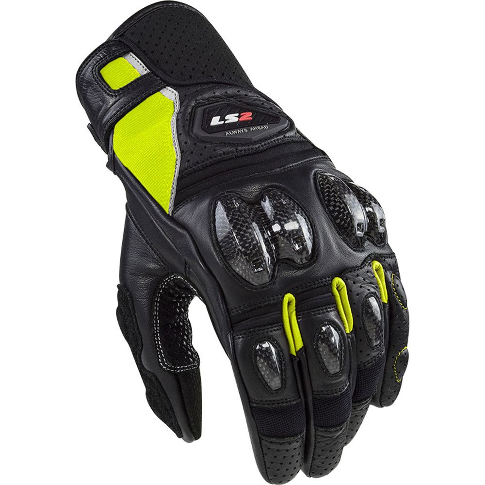 LS2 Spark 2 Leather Gloves Black / Hi-Viz Yellow - ThrottleChimp