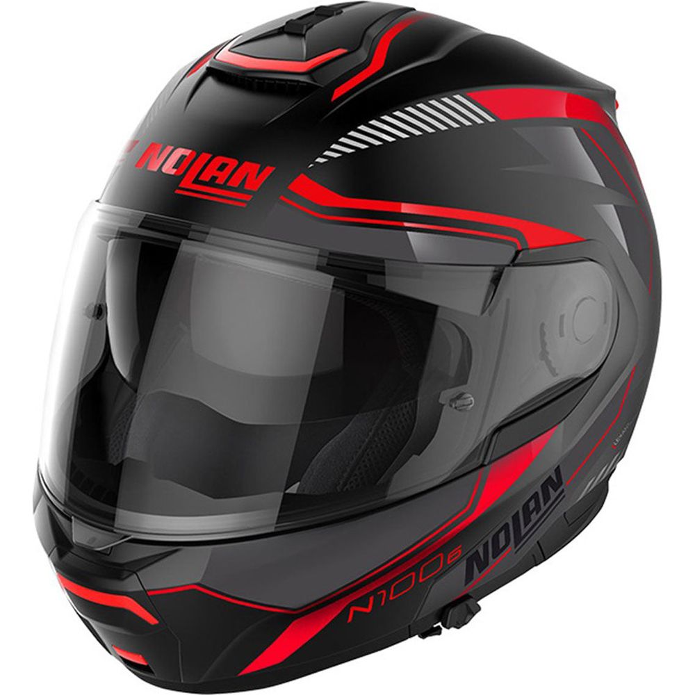 Nolan N100-6 Surveyor N-Com Modular Flip-Up Helmet Flat Black / Red FREE 1 YEAR Returns, FREE UK Delivery | ThrottleChimp