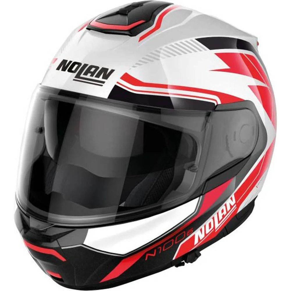 Nolan N100-6 Surveyor N-Com Modular Flip-Up Helmet Metal White / Black / Red FREE 1 YEAR Returns, FREE UK Delivery | ThrottleChimp