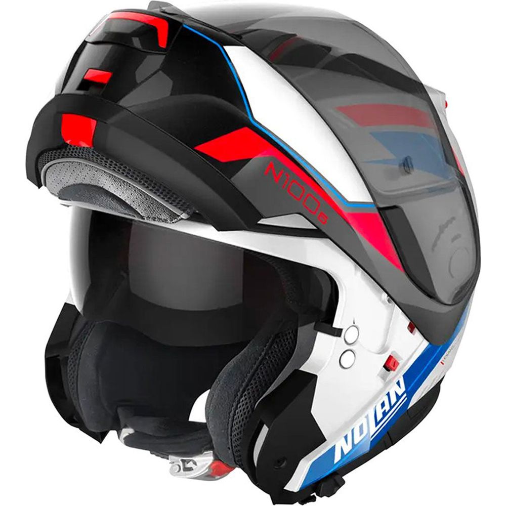 Nolan N100-6 Surveyor N-Com Modular Flip-Up Helmet Metal White / Blue / Red FREE 1 YEAR Returns, FREE UK Delivery | ThrottleChimp