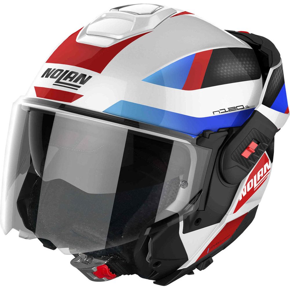 Nolan N120-1 Subway N-Com Modular Flip-Up Helmet Metal White / Blue / Red FREE 1 YEAR Returns, FREE UK Delivery | ThrottleChimp