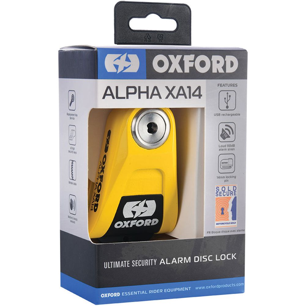 Oxford Alpha XA14 Alarm Disc Lock Yellow / Black FREE 1 YEAR Returns, FREE UK Delivery | ThrottleChimp