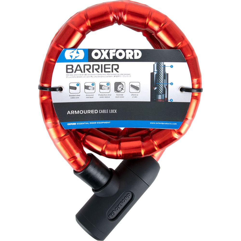 Oxford Barrier Armoured Cable Lock Red - 1.4m x 25mm - ThrottleChimp