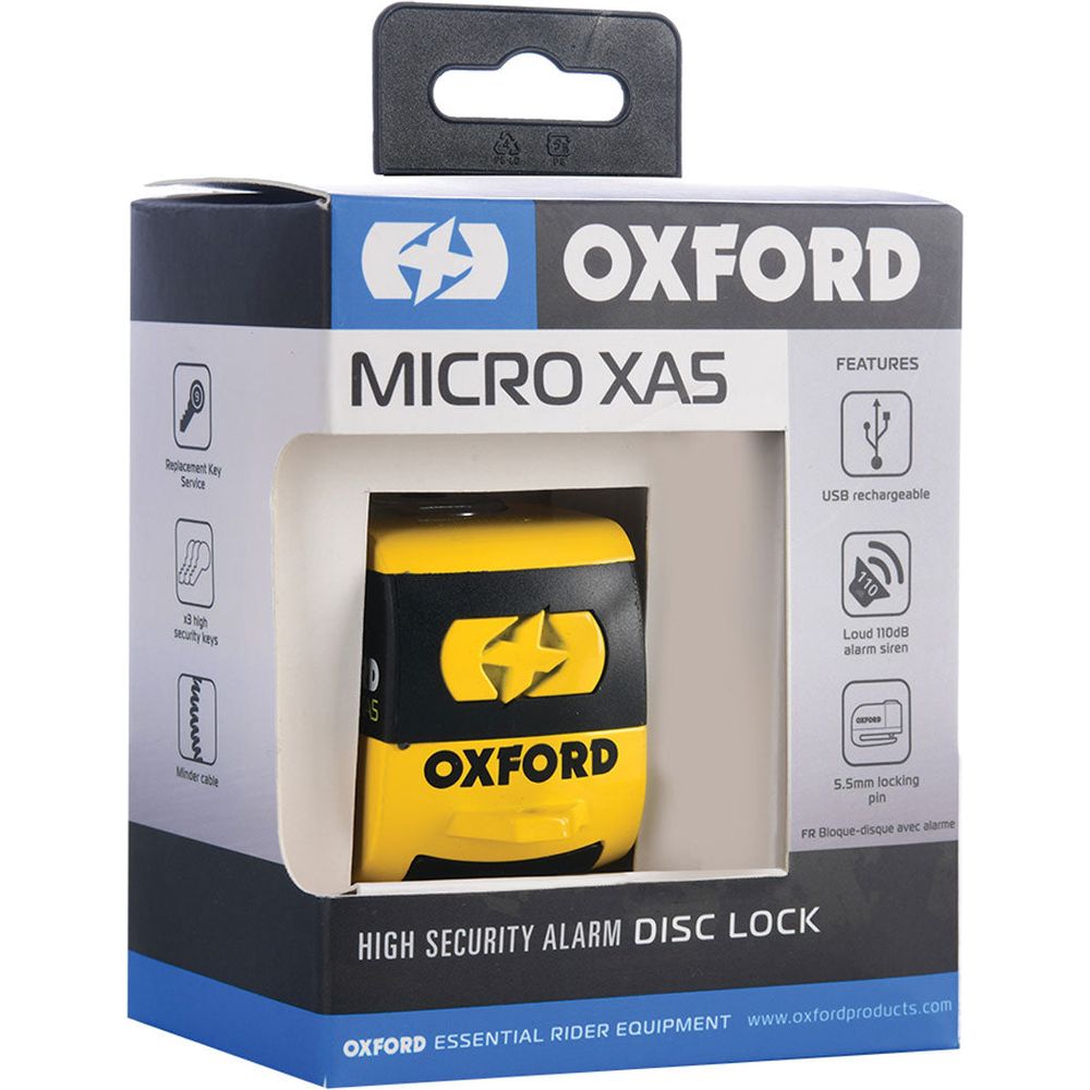 Oxford Micro XA5 Alarm Disc Lock Yellow / Black FREE 1 YEAR Returns, FREE UK Delivery | ThrottleChimp