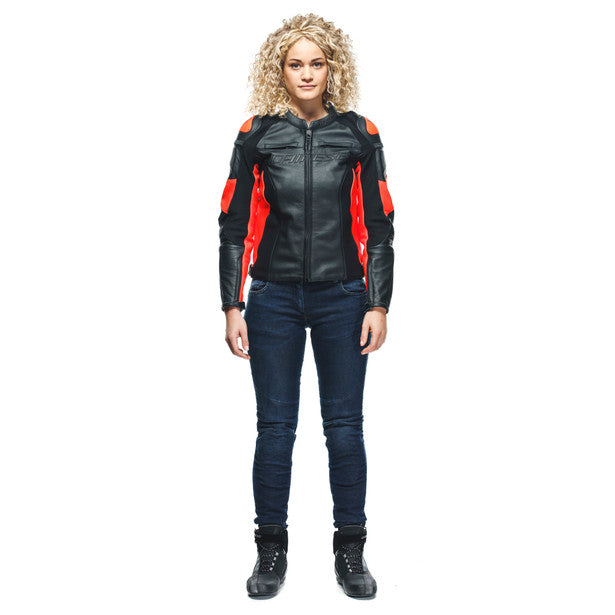 Dainese Racing 4 Ladies Leather Jacket Black / Fluo Red (Image 3) - ThrottleChimp