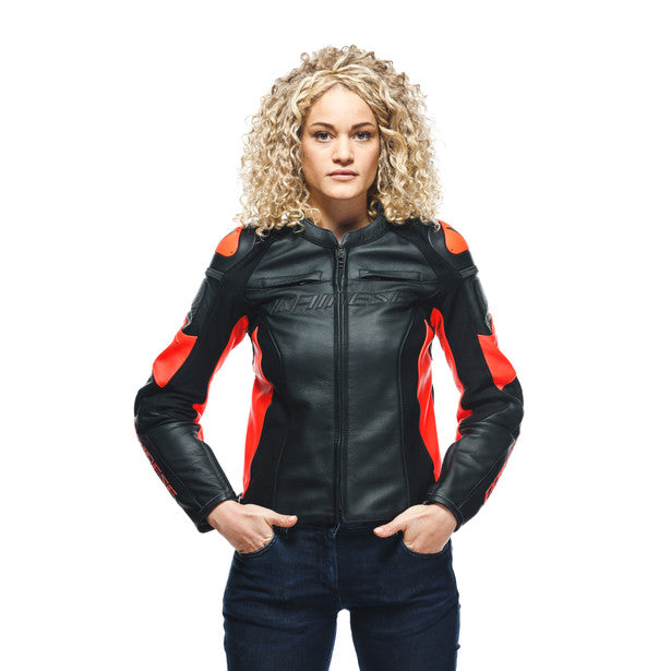 Dainese Racing 4 Ladies Leather Jacket Black / Fluo Red (Image 6) - ThrottleChimp