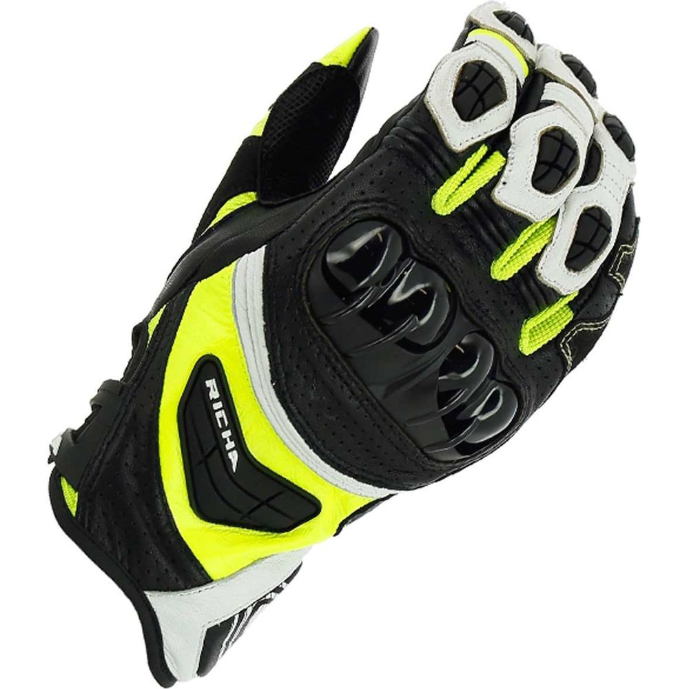 Richa Stealth Leather Gloves Black / White / Yellow FREE 1 YEAR Returns, FREE UK Delivery | ThrottleChimp