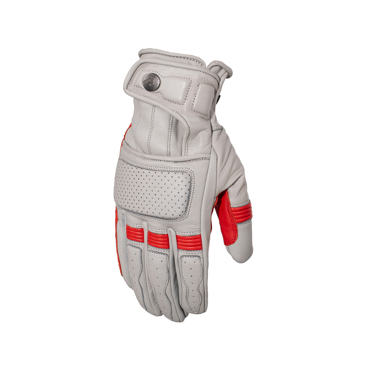 Rusty Stitches Calvin Leather Gloves Light Grey / Red - FREE 1 YEAR Returns, FREE UK Delivery | ThrottleChimp