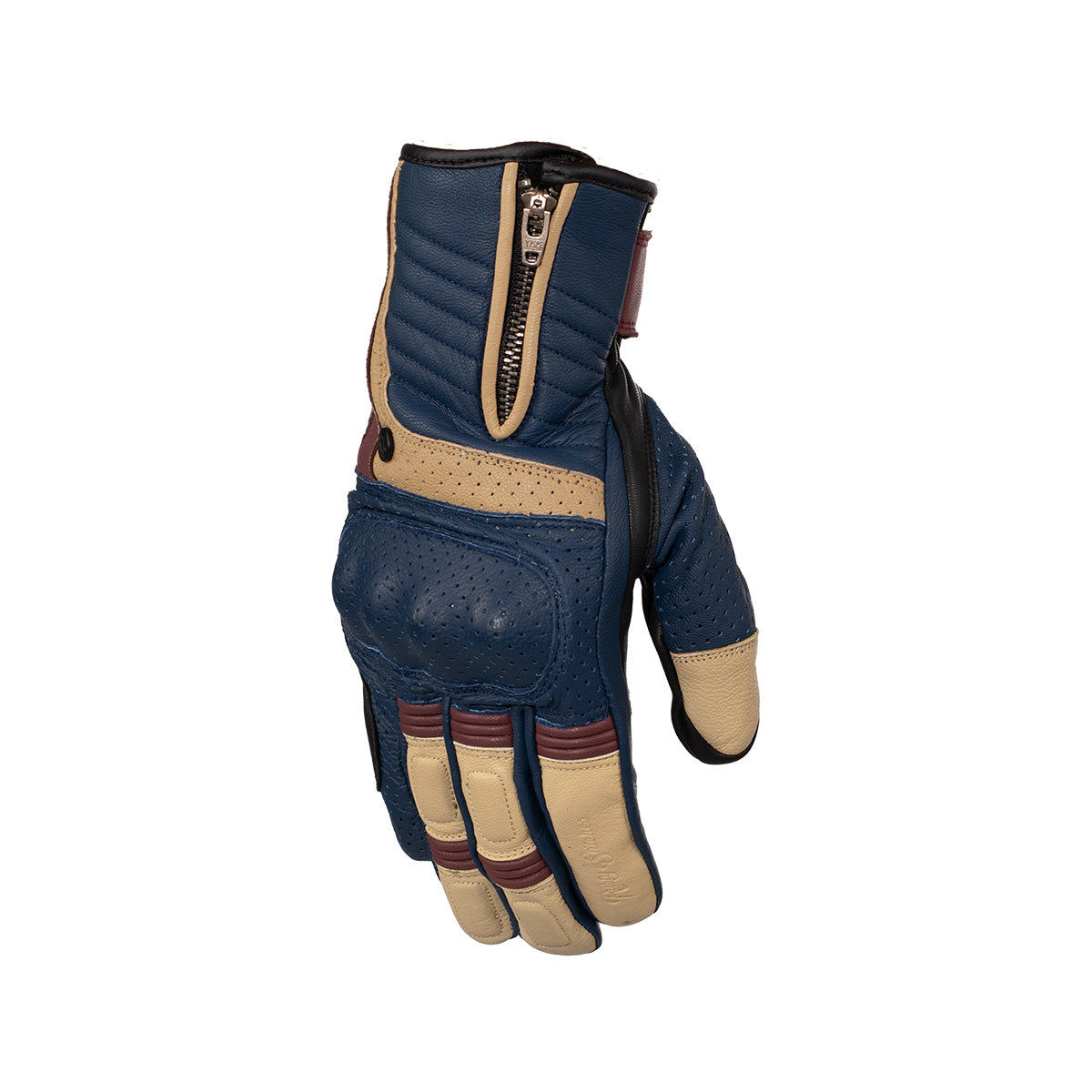 Rusty Stitches Simon Leather Gloves Blue / Beige - FREE 1 YEAR Returns, FREE UK Delivery | ThrottleChimp