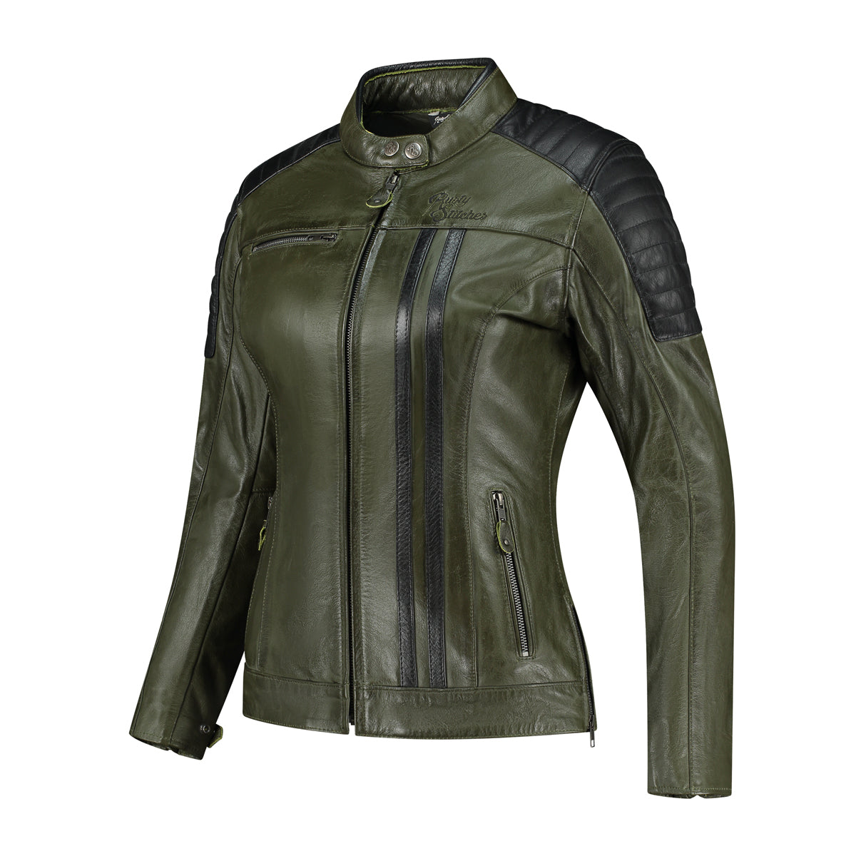 Rusty Stitches Alice Ladies Leather Jacket Green / Black - FREE 1 YEAR Returns, FREE UK Delivery | ThrottleChimp