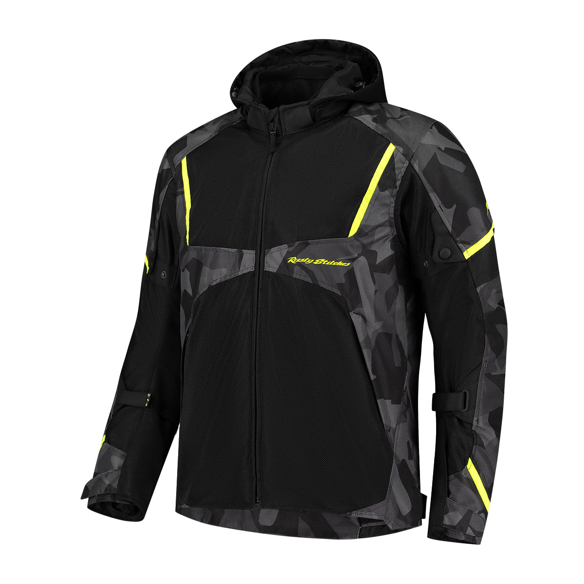 Rusty Stitches Carlo Textile Jacket Black / Camo / Fluo Yellow - FREE 1 YEAR Returns, FREE UK Delivery | ThrottleChimp