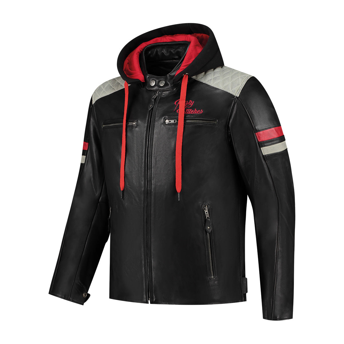 Rusty Stitches Jari Hooded V2 Leather Jacket Black / Light Grey / Red - FREE 1 YEAR Returns, FREE UK Delivery | ThrottleChimp