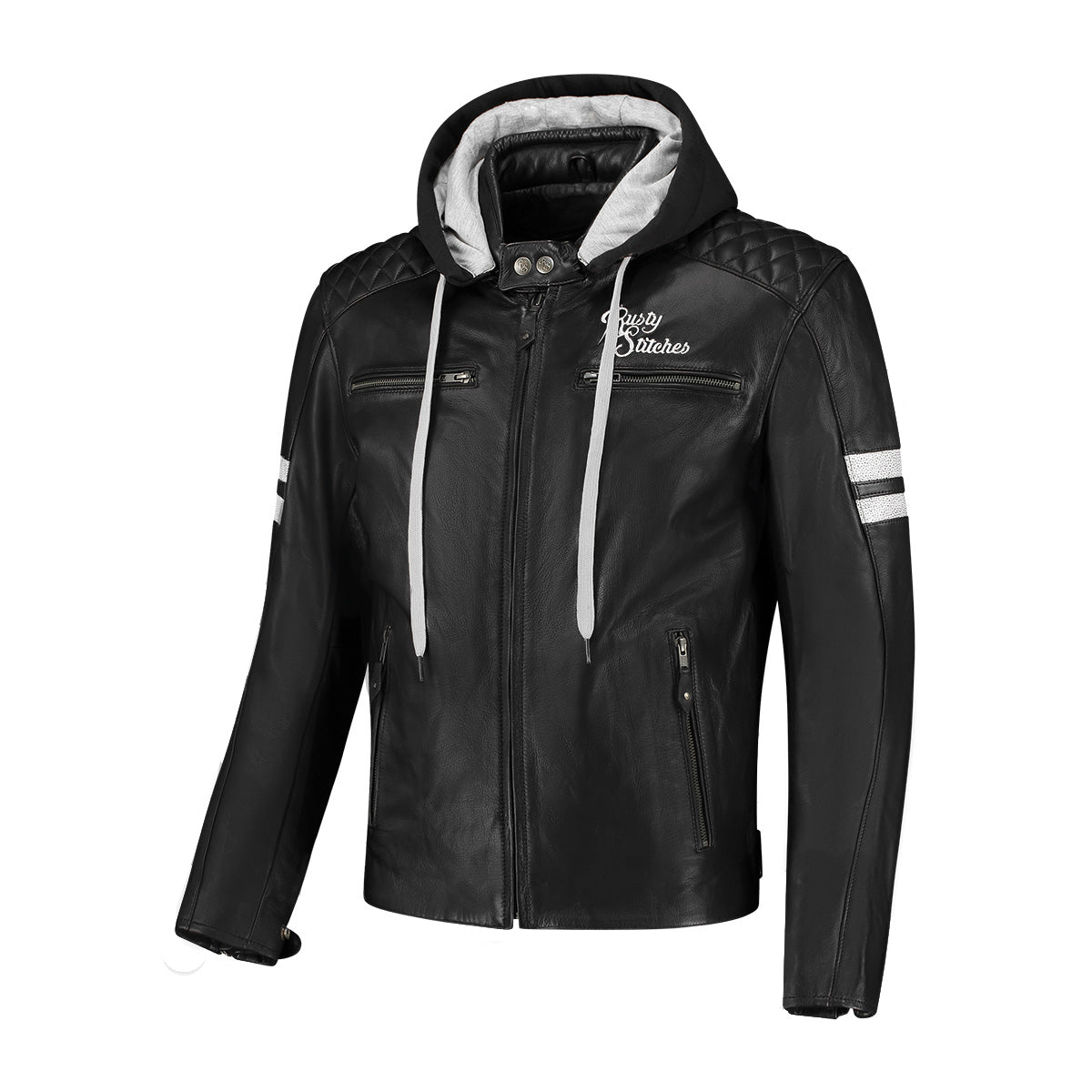 Rusty Stitches Jari Hooded V2 Leather Jacket Black / White - FREE 1 YEAR Returns, FREE UK Delivery | ThrottleChimp