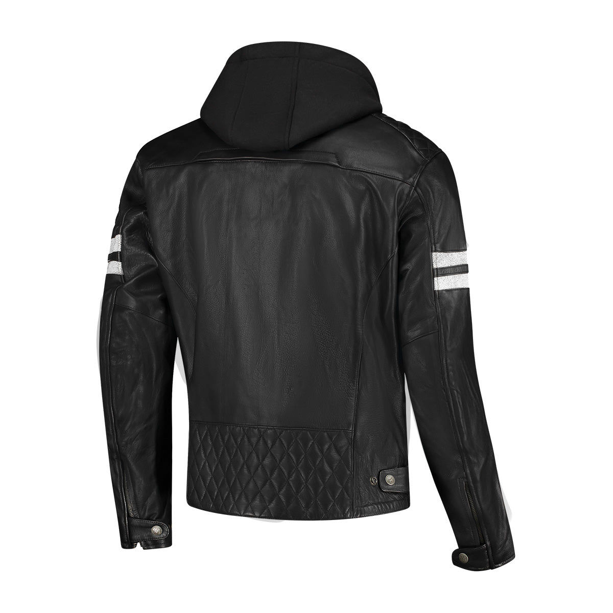 Rusty Stitches Jari Hooded V2 Leather Jacket Black / White - FREE 1 YEAR Returns, FREE UK Delivery | ThrottleChimp