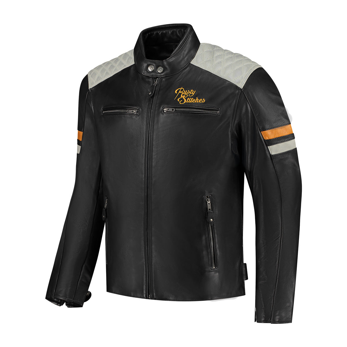 Rusty Stitches Jari V2 Leather Jacket Black / Light Grey / Gold - FREE 1 YEAR Returns, FREE UK Delivery | ThrottleChimp